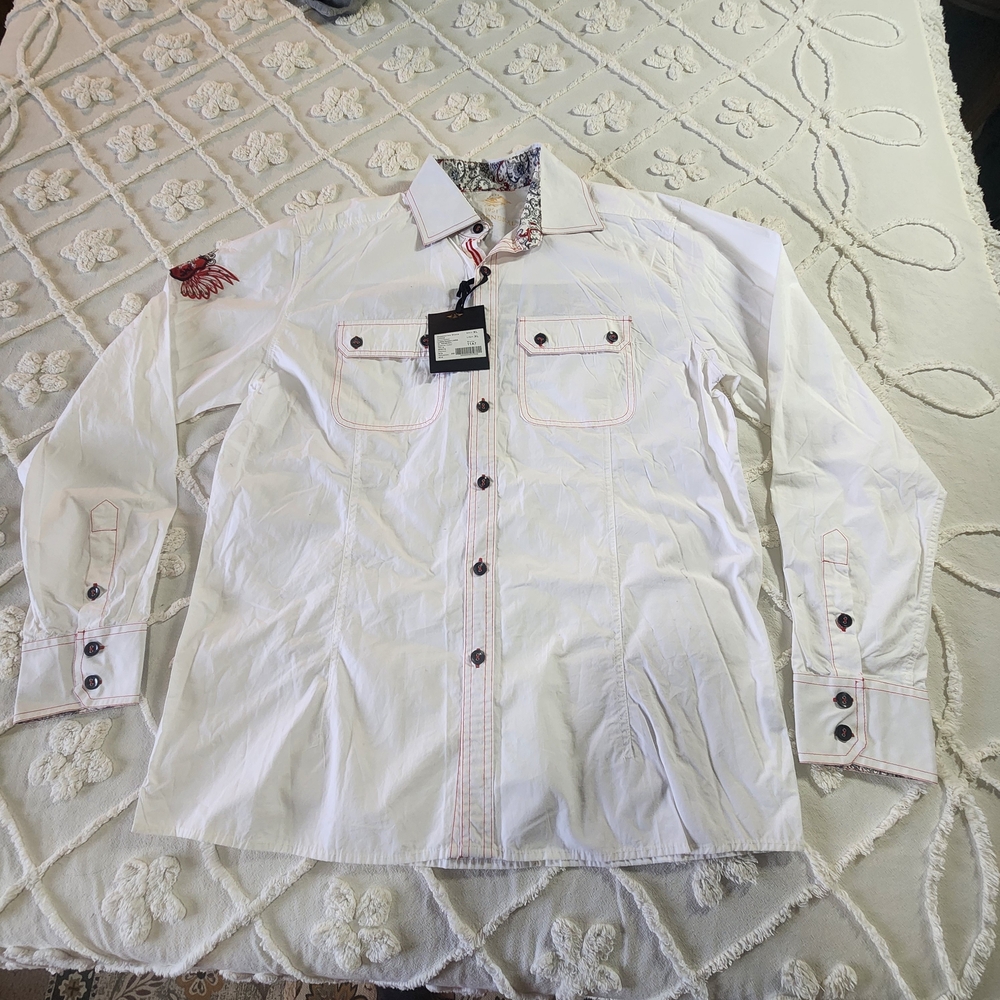 White Button-Up Shirt with Embroidered Detail